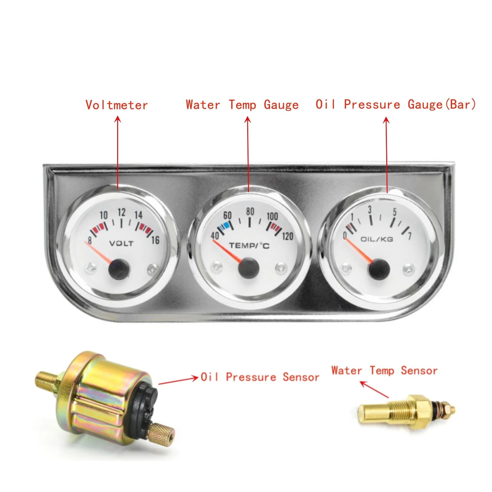 52mm 3 In 1 Triple Gauge Kit | Oil Pressure Voltmeter Water Temp with Sensors additional angle