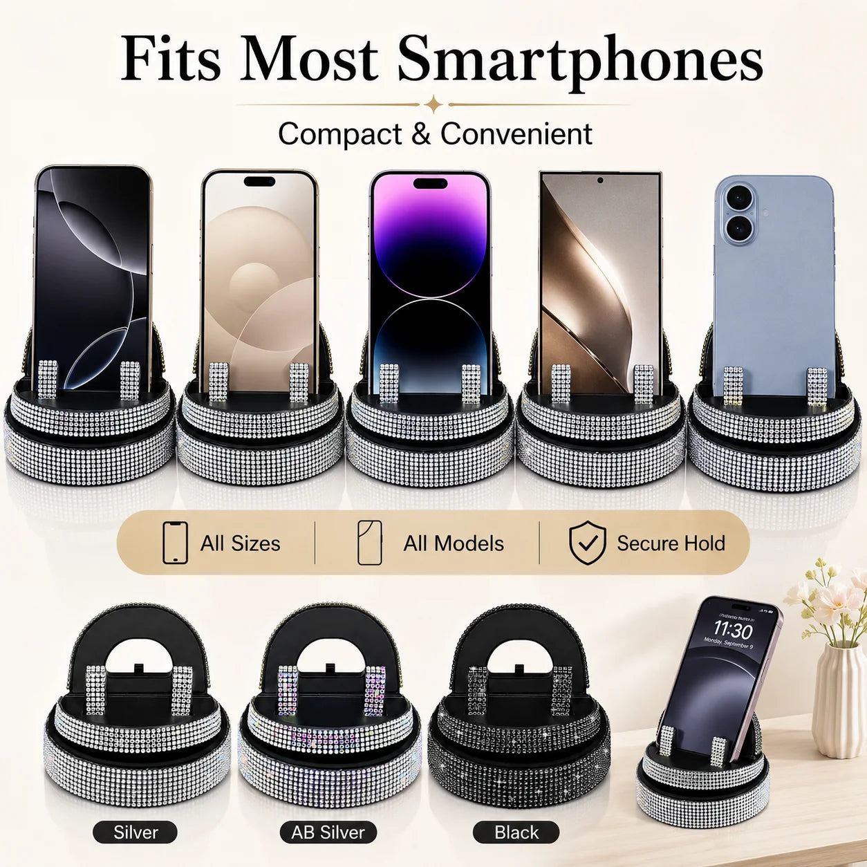 Rhinestone Car Phone Holder Universal Air Vent Mobile Phone Stand Mount Auto Interior, C detail view