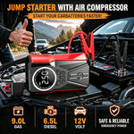 Car Jump Starter with Air Compressor, 180PSI Portable Tire Inflator, 12V Car Battery Jump Box with LCD Digital Display, LED Emergency Light, USB Quick Charge, Smart Jumper Clips for Car Motorcycle