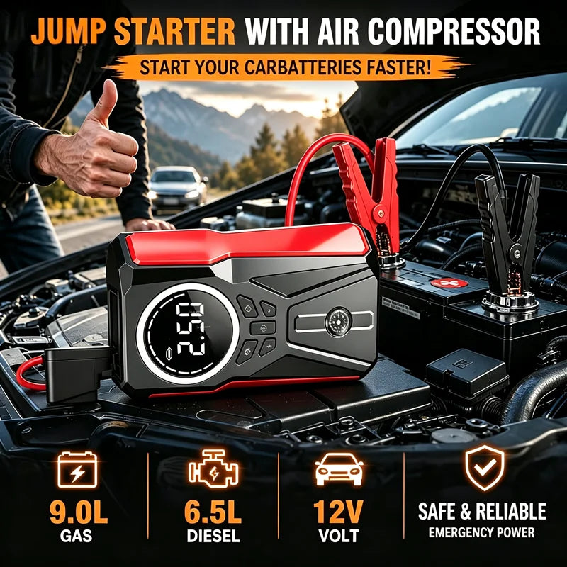 Car Jump Starter with Air Compressor, 180PSI Portable Tire Inflator, 12V Car Battery Jump Box with LCD Digital Display, LED Emergency Light, USB Quick Charge, Smart Jumper Clips for Car Motorcycle