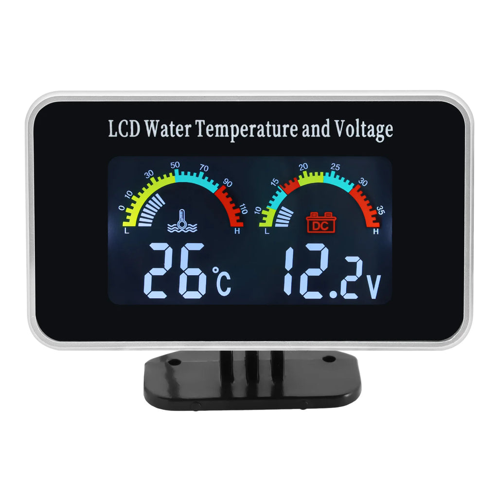 HD Car LCD Water Temperature Meter Thermometer Voltmeter Gauge 2in1 Temp&Voltage Meter 10mm Sensor 26~40mm Adapter(Option)12V/24