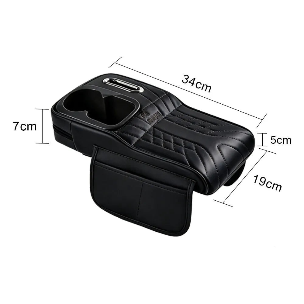 Universal Car Armrest Cushion with Tissue Box & Cup Holder, Multi-Functional Center Console Storage Organizer with Side Pocket