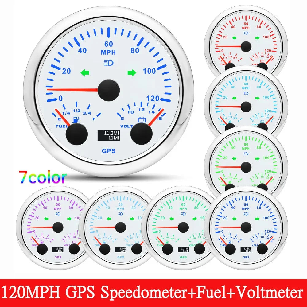 HD Customized 85MM 3 IN 1 Gauge 120kmh 120MPH GPS Speedometer Fuel Gauge Voltage Voltmeter Tachometer RPM Sesnor With Antenna