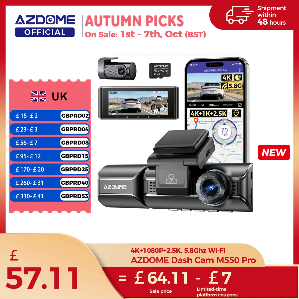 Upgrade AZDOME M550 Pro Dash Cam 4K Front Dashcam Auto 5.8Ghz Wi-Fi GPS G-sensor Car DVR 6 IR Night