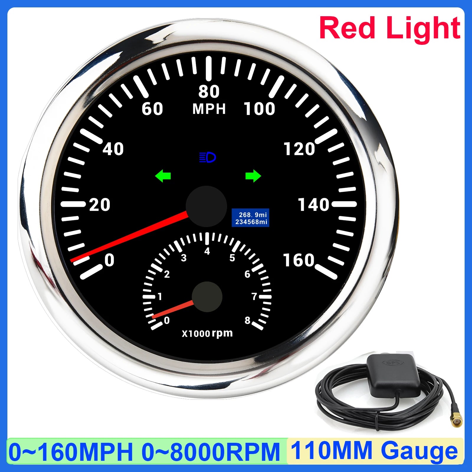 GPS Speedometer and Tachometer Combo | 2 in 1 110mm Gauge with GPS Antenna alternate view