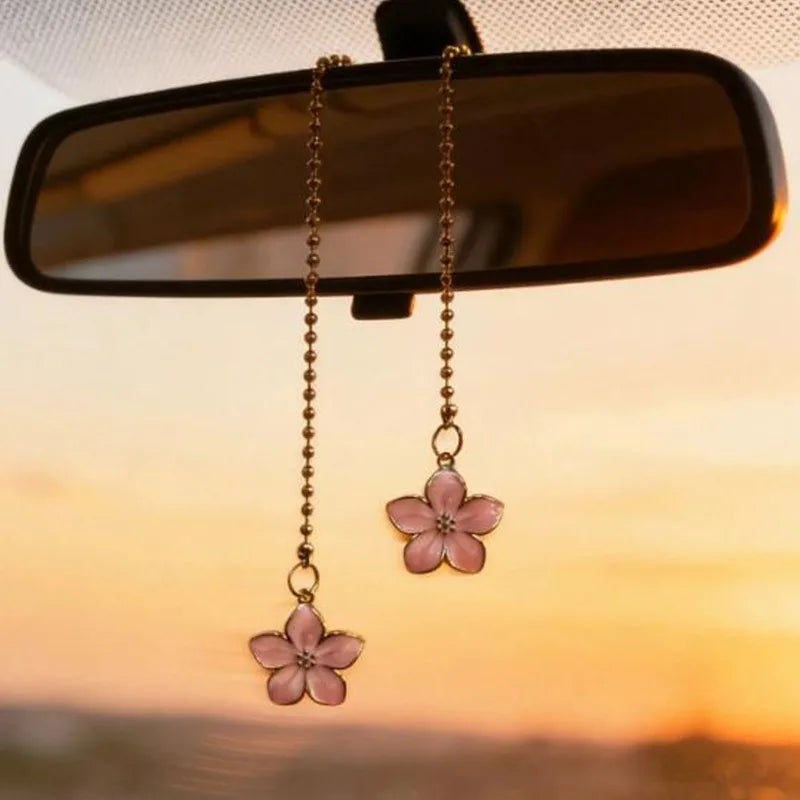 Car Rearview Mirror Pendant Pink Sakura Flower Pendant with Gold Chain Cute Auto Interior Decor Gifts for Women Decoraction