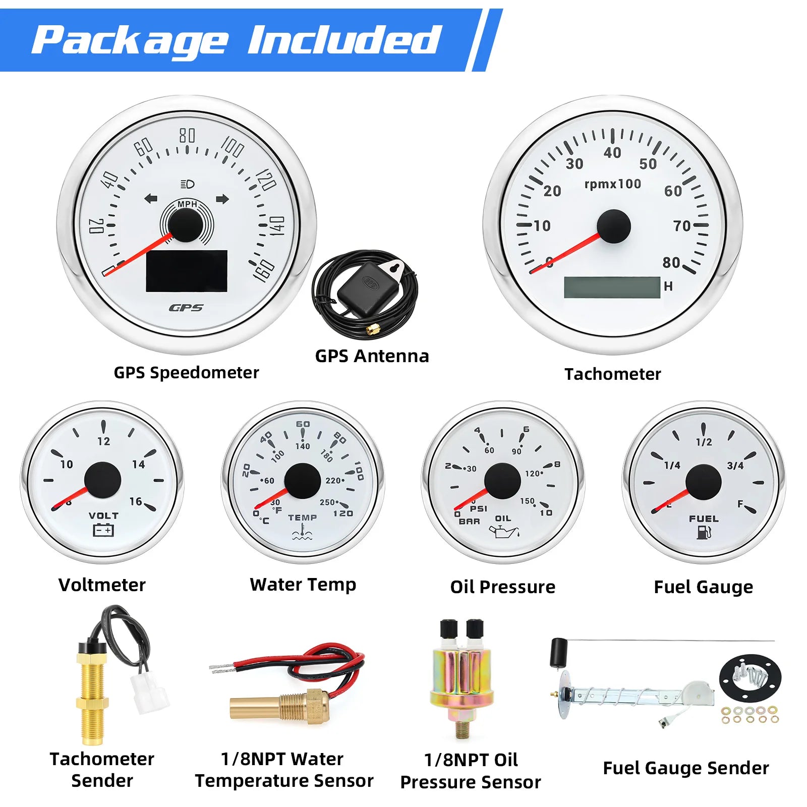 6pcs Gauge Set 160MPH 200km/h GPS Speedometer Tachometer Water Temp Fuel Voltmeter Oil P detail view