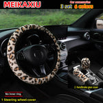 3 Set Winter Plush Printed Leopard Print Car Rimless Steering Wheel Cover, Handbrake lifestyle view