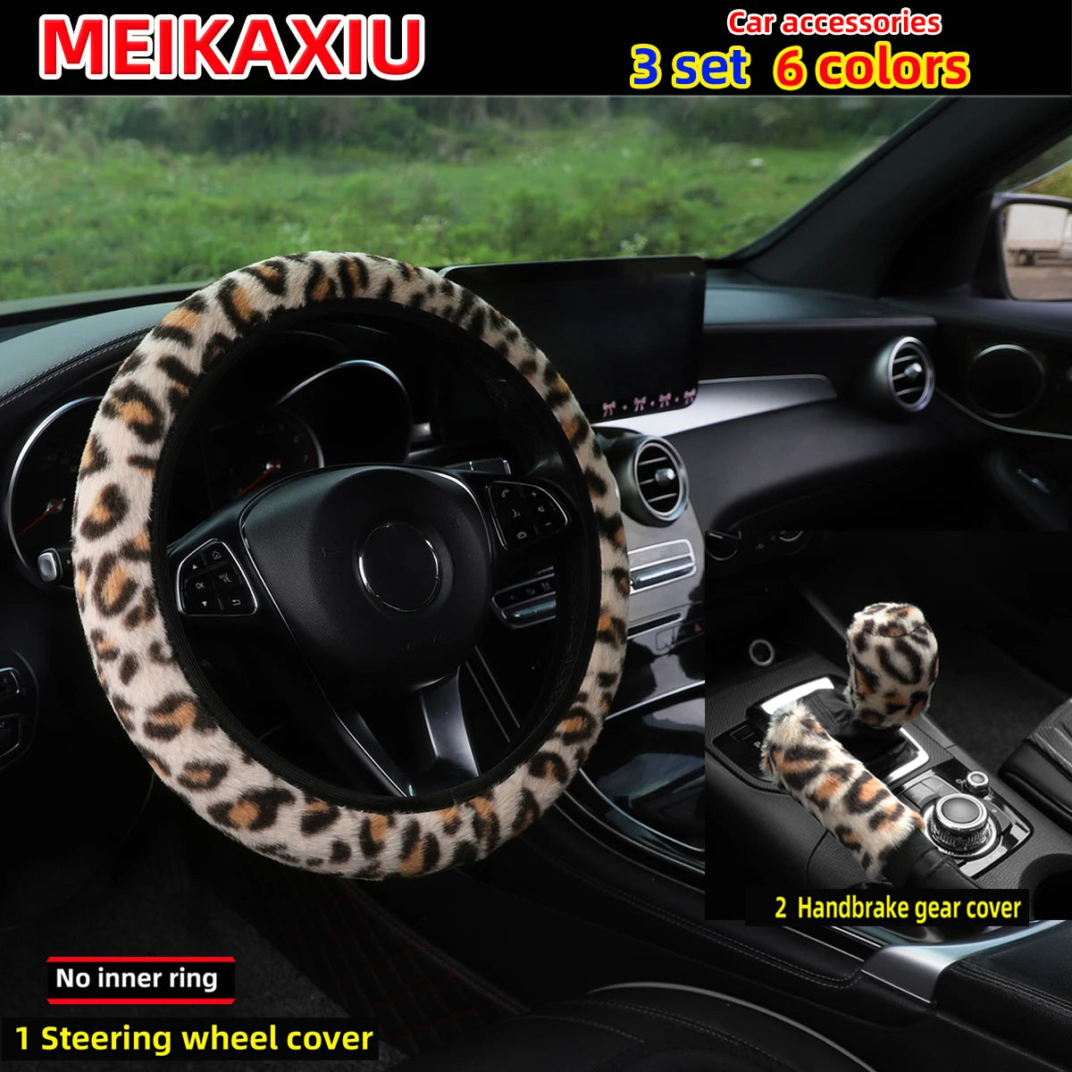 3 Set Winter Plush Printed Leopard Print Car Rimless Steering Wheel Cover, Handbrake lifestyle view