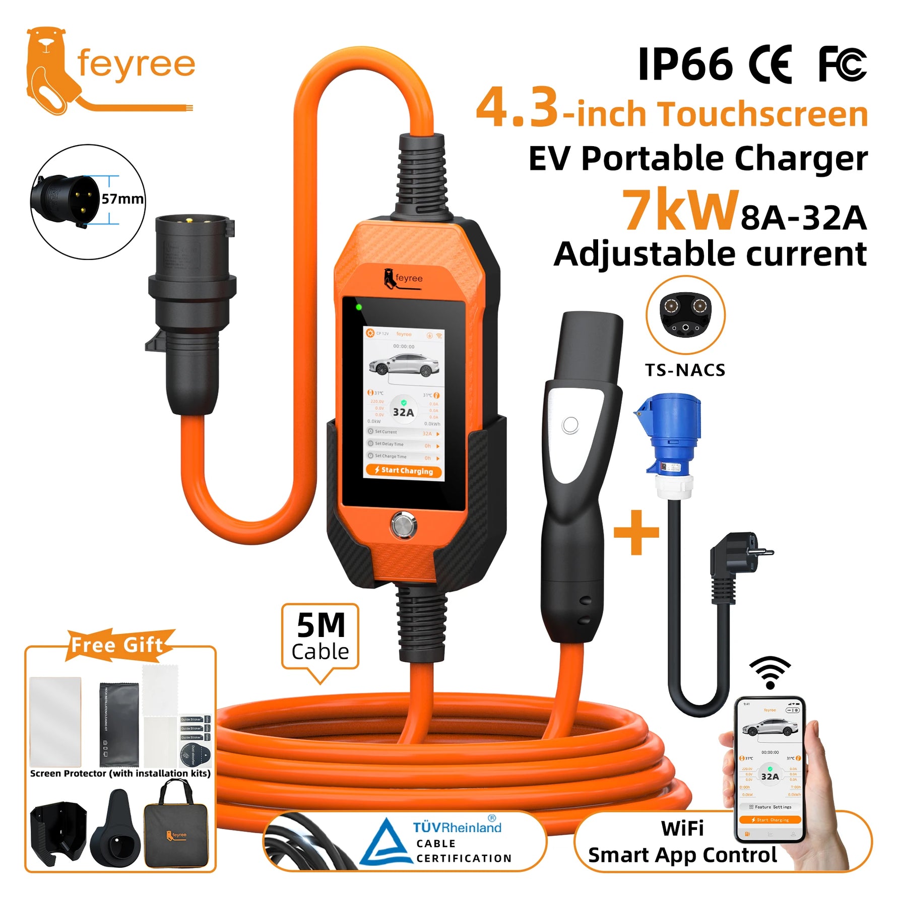 feyree 4.3 Inch Touch Screen Portable EV Charger | 7kW 32A Smart WiFi for Tesla detail view