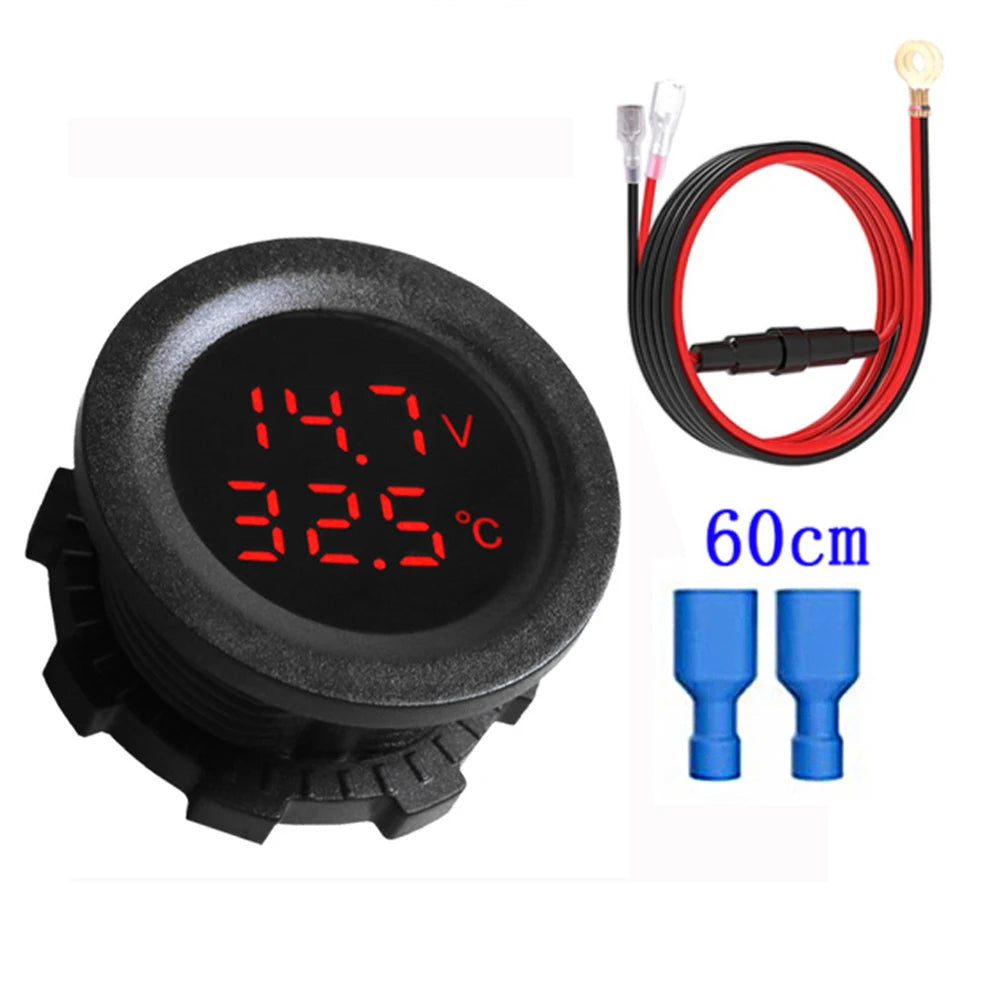 Car Round Temperature Voltmeter 12-24V Auto Voltage Meter Display Digital Measurement for Car Motorcycle Boat Thermometer