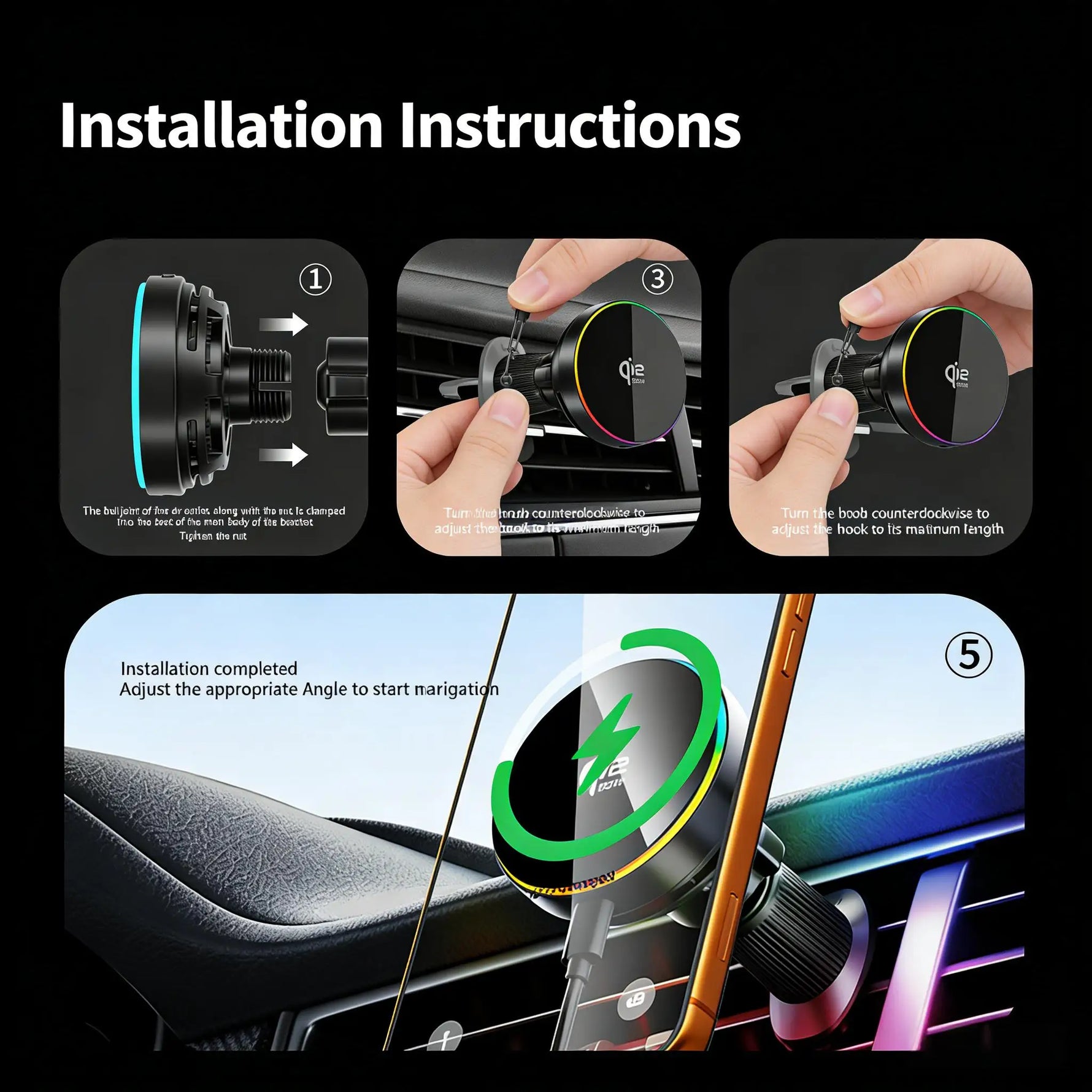 Kebidumei Magnetic Car Phone Holder Wireless Charger  wirh RGB Ambient Light Air Outlet Phone Stand Auto Interior Accessories