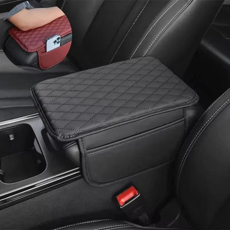 Car Armrest Cover Pad with Storage Bag Leather Anti-Slip Center Console Armrest Protector Cushion with Pocket