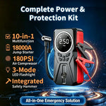 Car Jump Starter with Air Compressor, 180PSI Portable Tire Inflator, 12V Car Battery Jump Box with LCD Digital Display, LED Emergency Light, USB Quick Charge, Smart Jumper Clips for Car Motorcycle