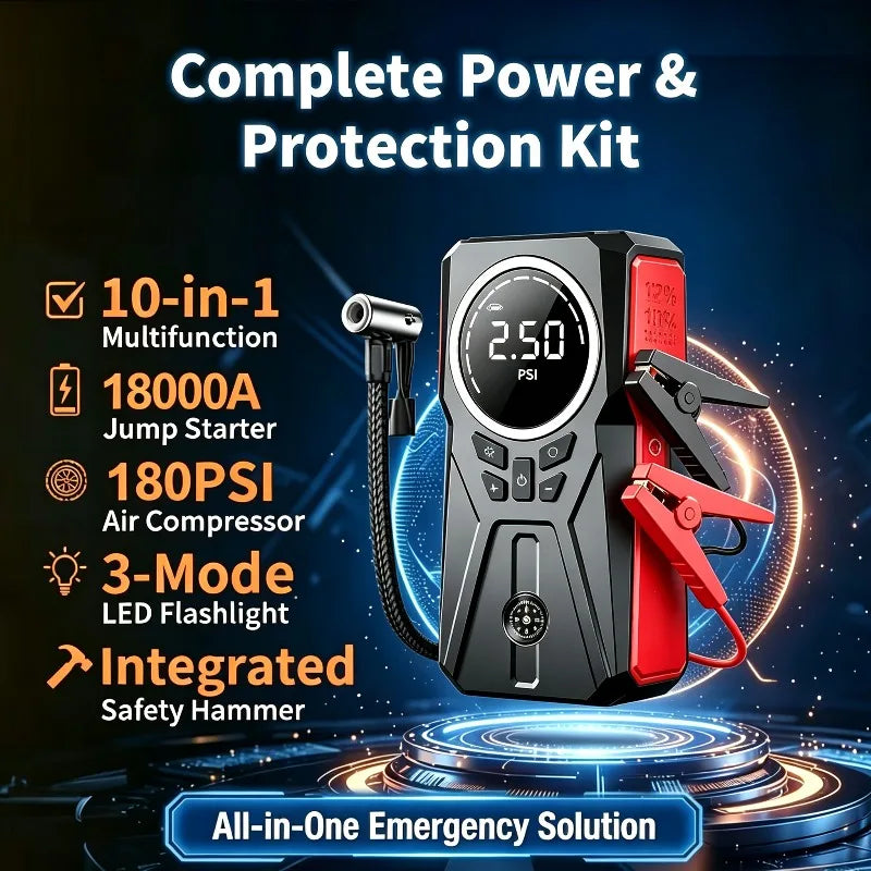 Car Jump Starter with Air Compressor, 180PSI Portable Tire Inflator, 12V Car Battery Jump Box with LCD Digital Display, LED Emergency Light, USB Quick Charge, Smart Jumper Clips for Car Motorcycle