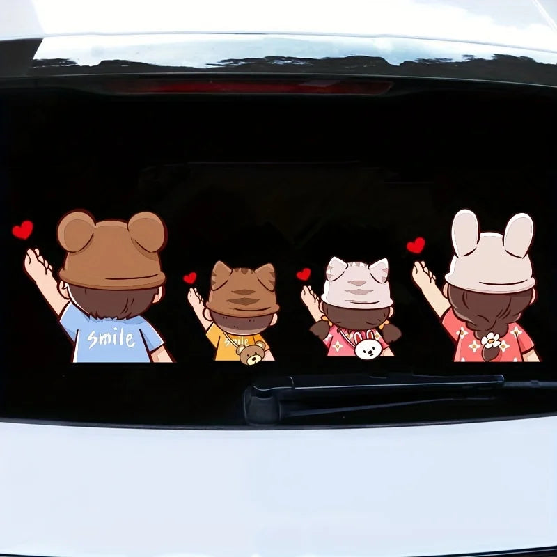 Cartoon cute family heart-shaped parent-child car decal, personalized creative rear windshield stick