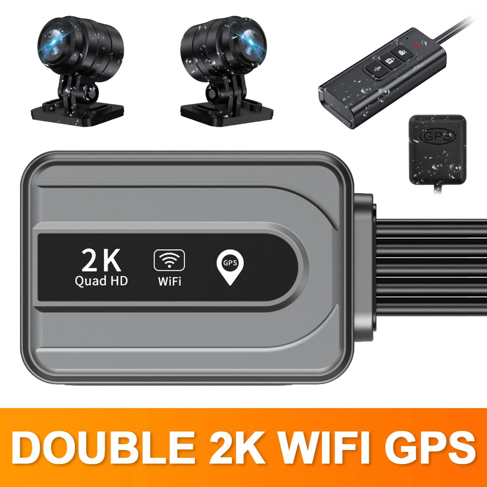 Dual 2K Motorcycle DVR Camera | Front Rear Waterproof Dash Cam with WiFi GPS
