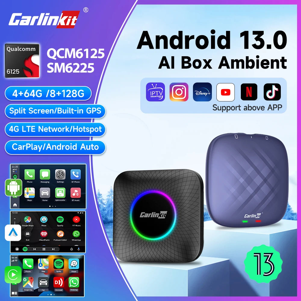 Carlinkit Ai Box Android 13 Led Wireless Android Auto & CarPlay Smart Tv Box QCM6225 Support Youtube