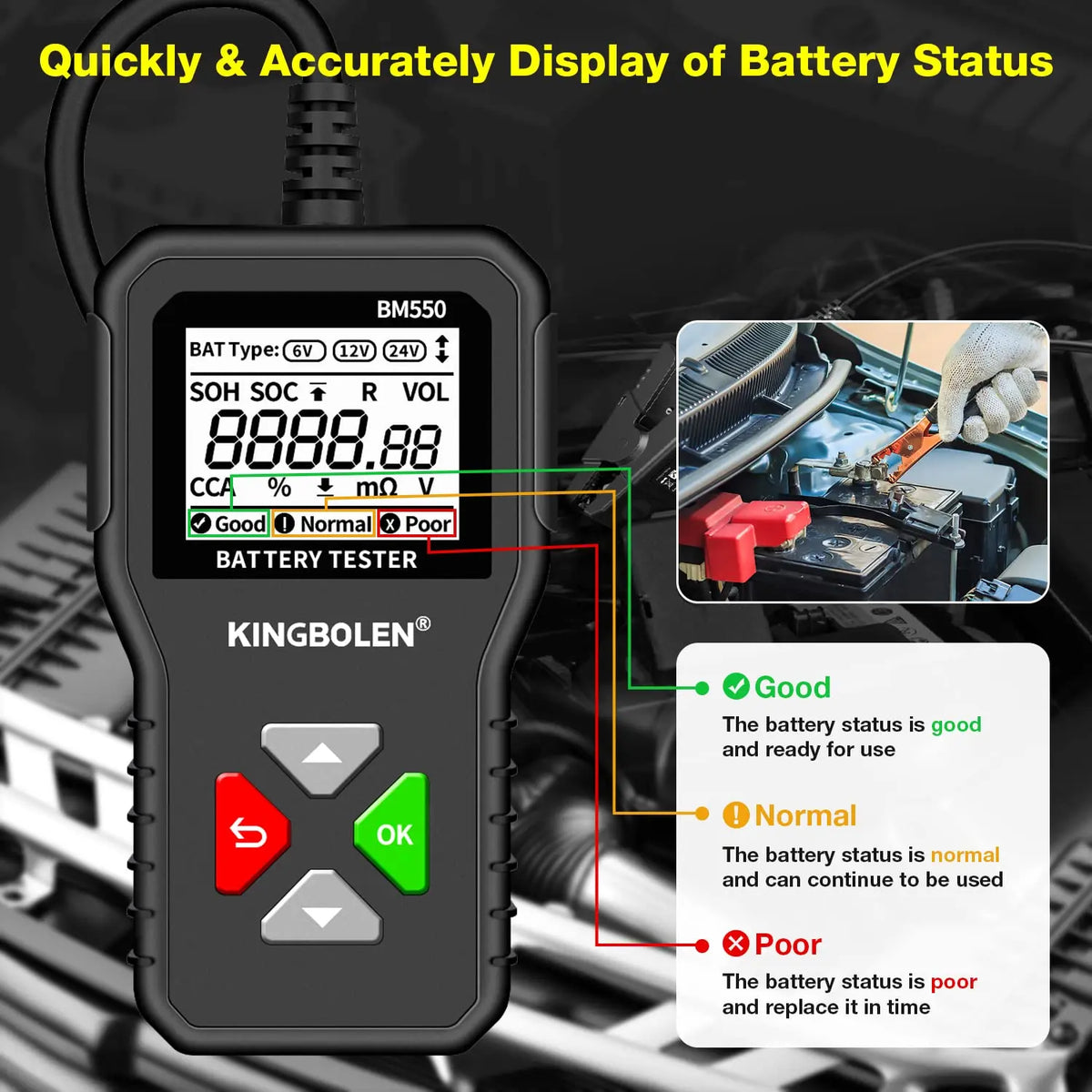 KINGBOLEN BM550 6V 12V 24V Car Battery Tester，Auto Battery Analyzer 100-2000 CCA BM550 Battery Tester, Accurate Digital Automotive Alternator Tester for Cars Trucks SUV ATV Boats Motorcycles