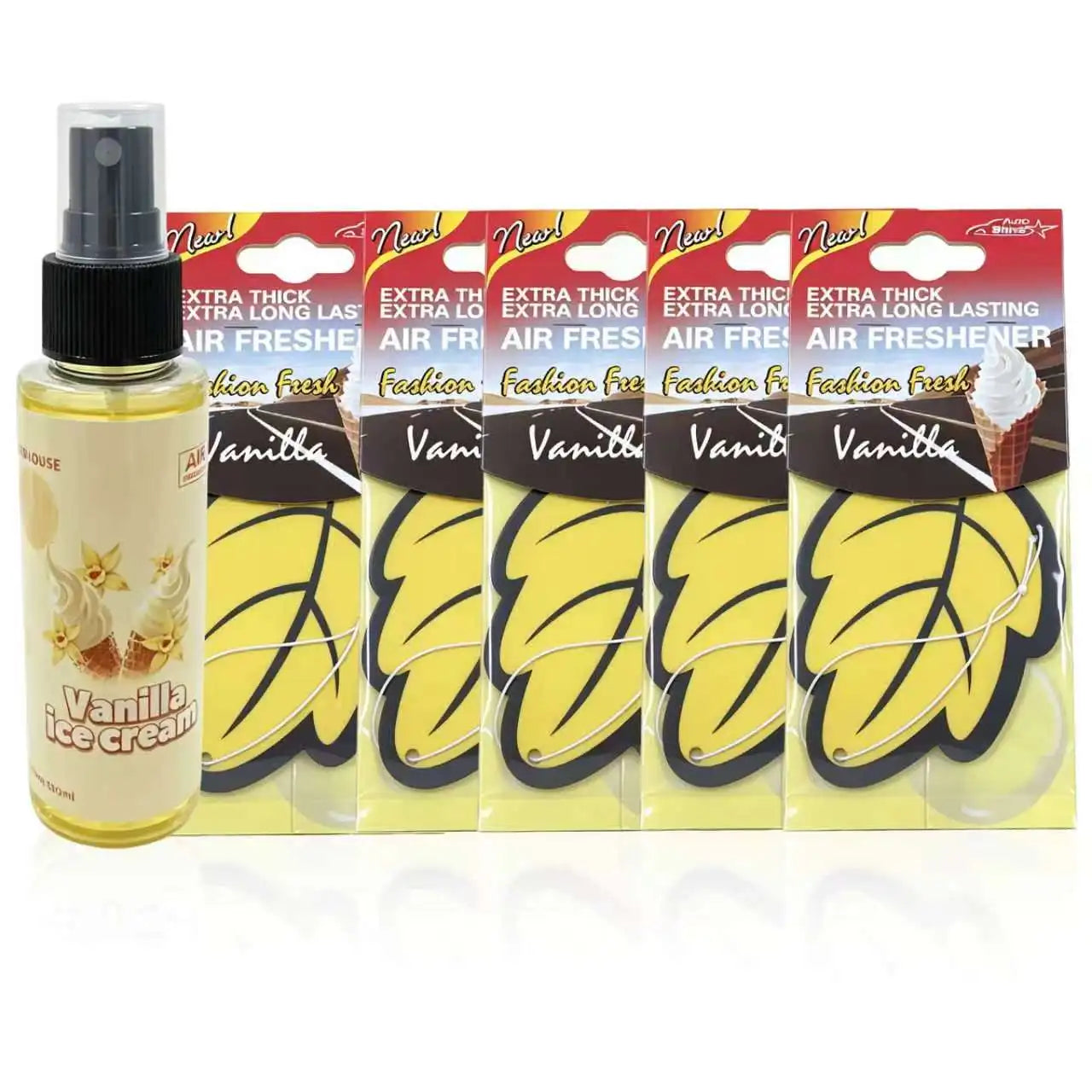 1+5 Vanilla Ice Cream Scent Air Freshener Bundle - 1 Spray + 5 Hanging Car Air Freshener Leaves, Odor Eliminator for Vehicle