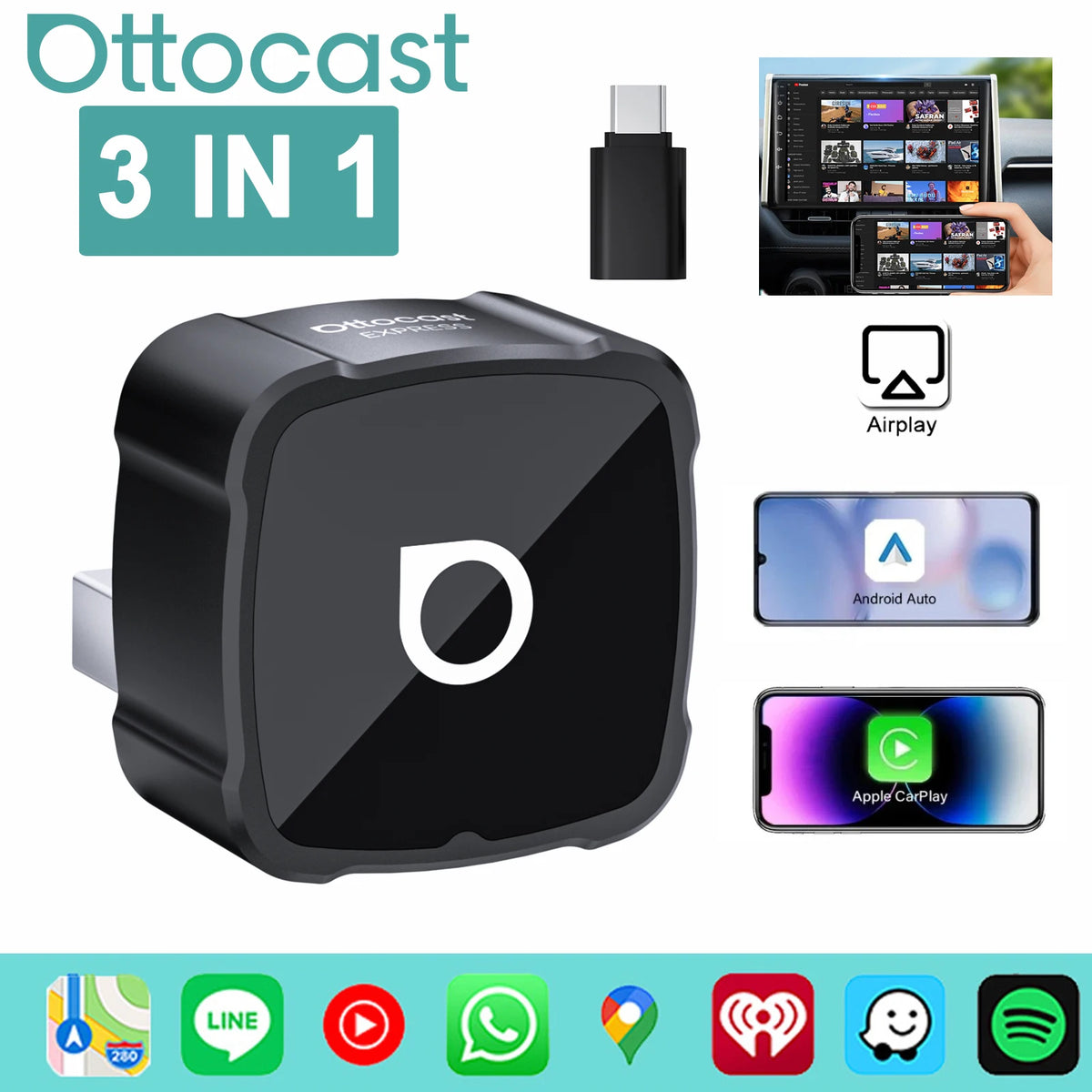 OTTOCAST MINI AIR Cube 4.0 Wireless CarPlay Android Auto Adapter 3 in 1 Dongle Airplay Screen Mirror