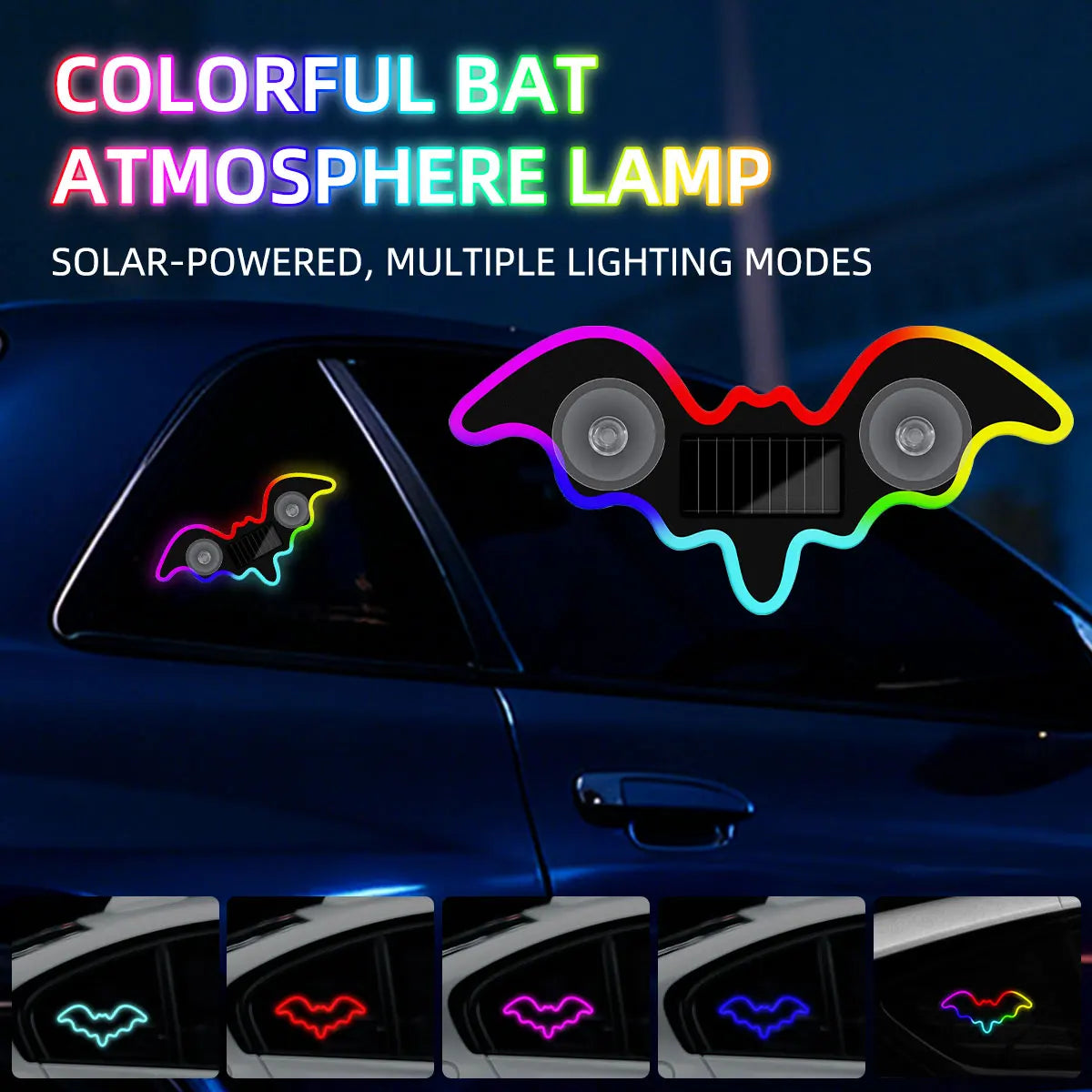 1X Solar Powered Car Neon Light Cool Bat-shaped Dynamic Atmosphere Light Wireless Led Suction Cup US