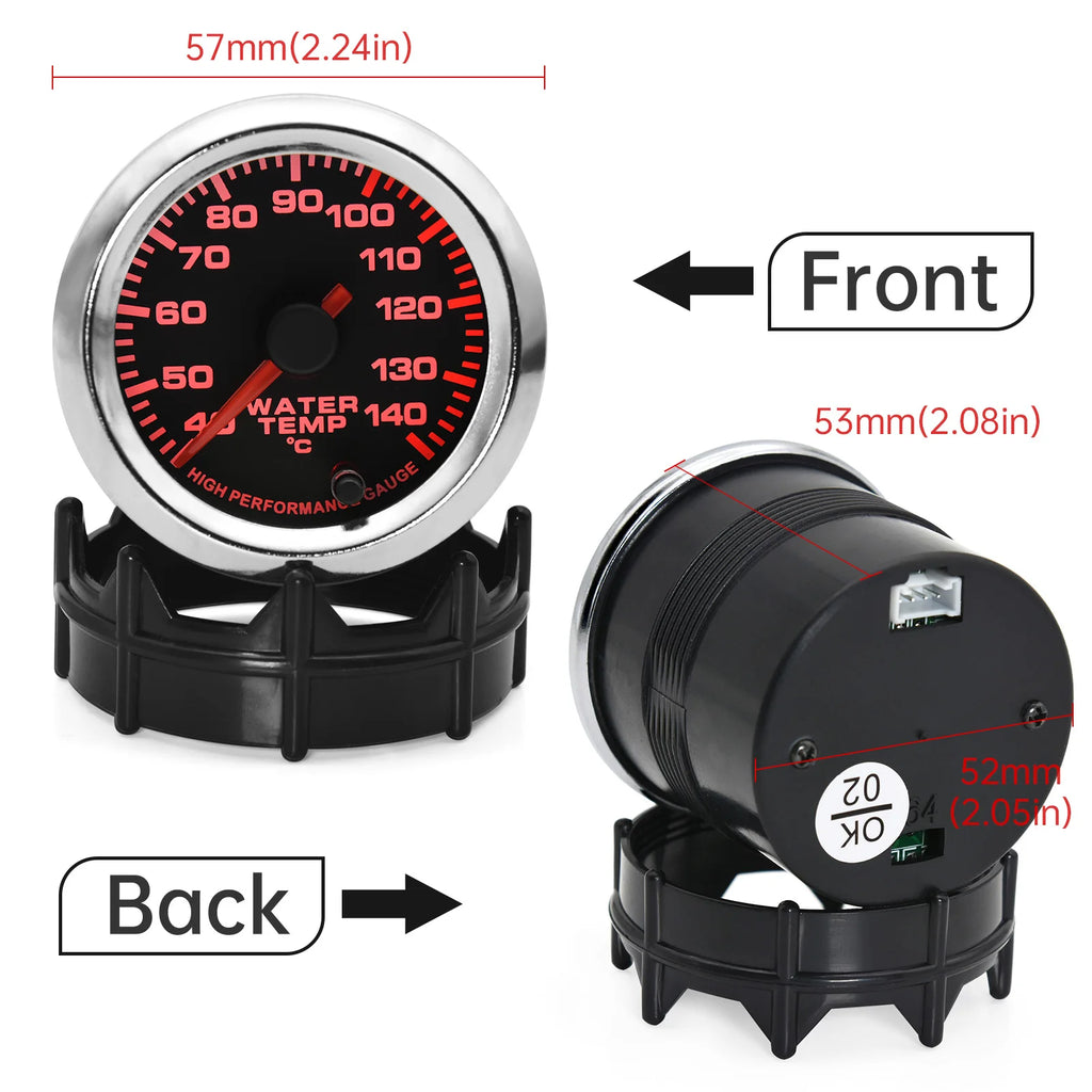 52mm Water Temp Gauge 40-140C | 7-Color Racing Gauge Kit with 1/8NPT Sensor alternate view