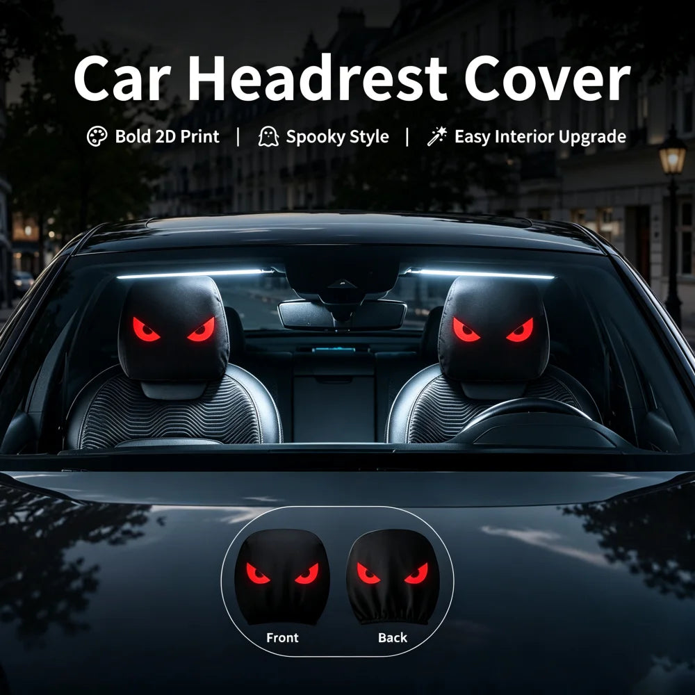2Pcs Car Headrest Covers with Evil Red Fluorescent Eyes Print, 2D Flat Printed, High Elastic Breatha