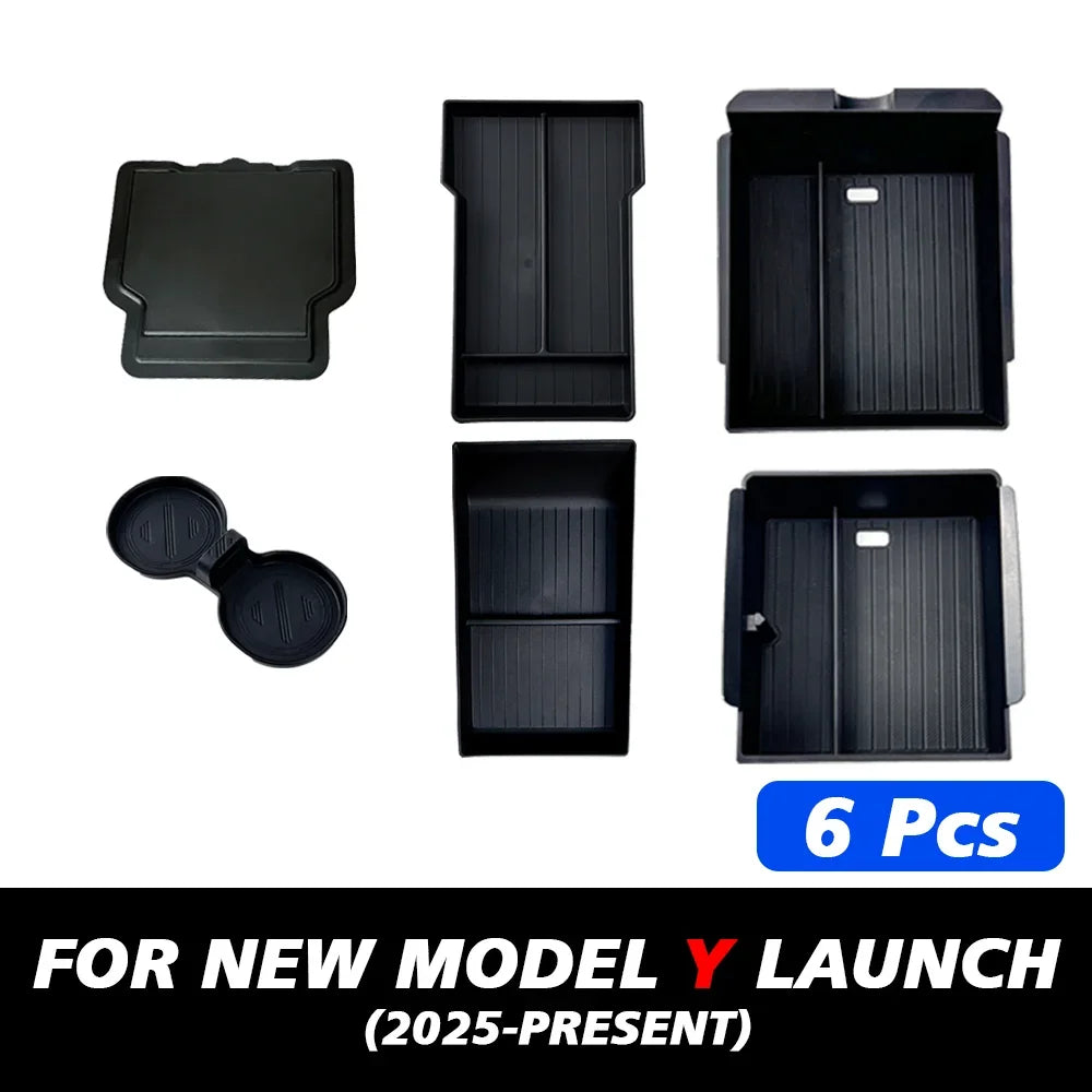 For Tesla New Model Y 2025 Launch Juniper ABS with Silicone Non-slip Mat Console & Armrest Storage Box Upper and Lower Watercup