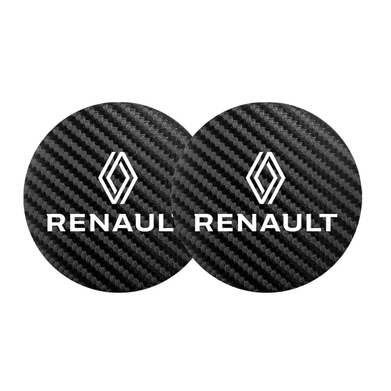2Pcs Car Coasters Water Cup Mats Waterproof Slot Pads for Renault | PU Leather & Carbo close-up view