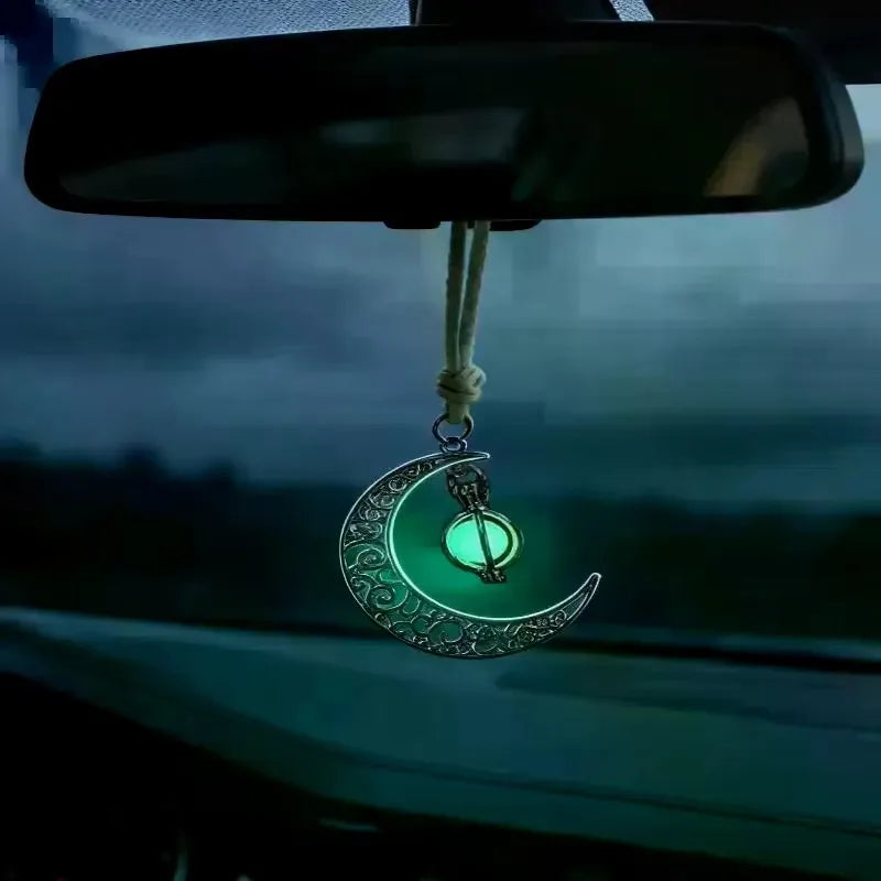Moon Pendant Car Hanging Ornament | Hollow Crescent Design With Luminous Stone