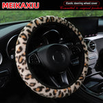 Leopard Print Winter Steering Wheel Cover Soft Comfortable 14.5-15 Inch Rimless Car Ac close-up view