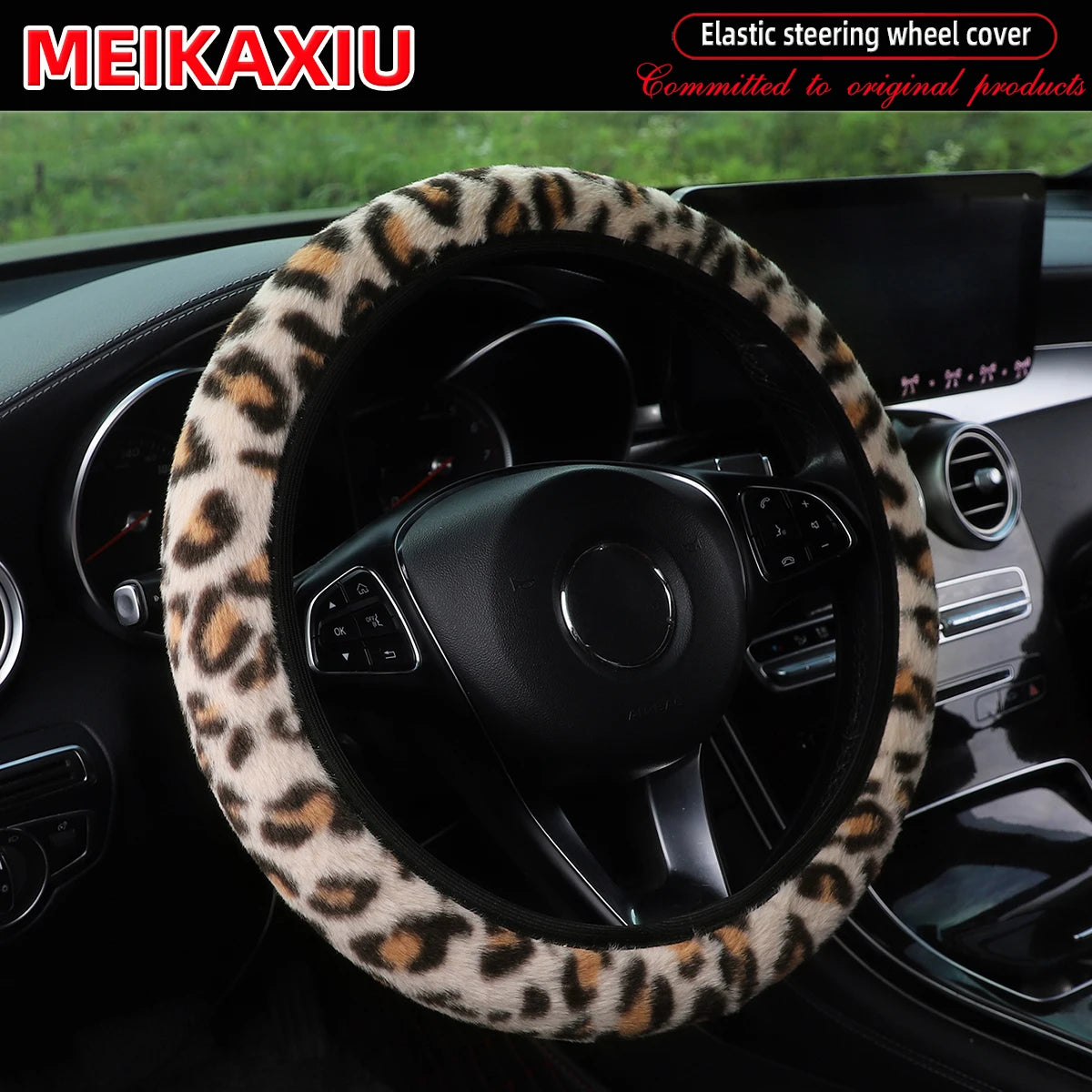 Leopard Print Winter Steering Wheel Cover Soft Comfortable 14.5-15 Inch Rimless Car Ac close-up view