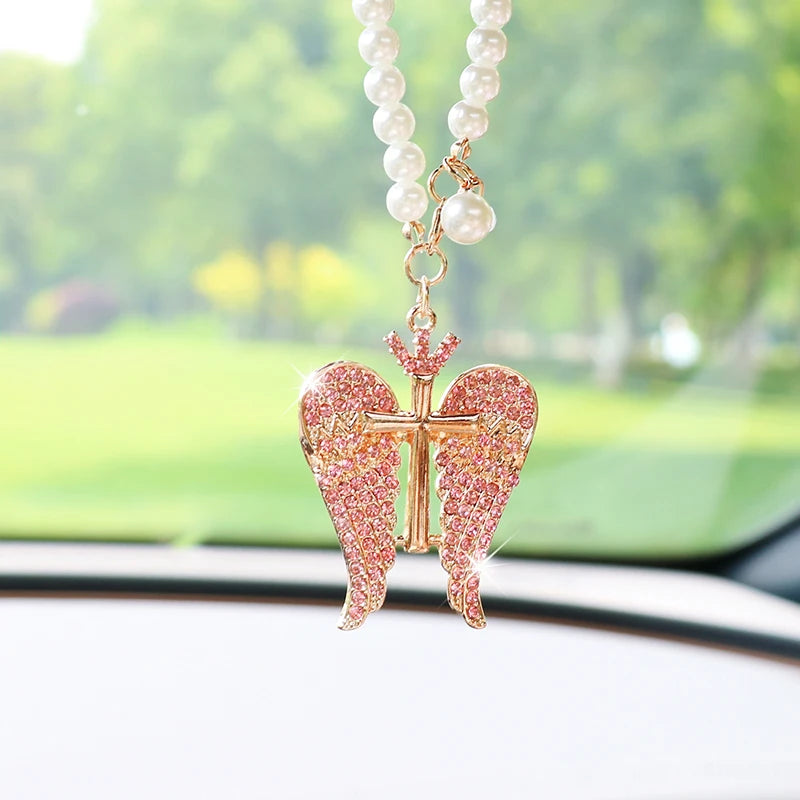 Creative Cute Diamond-Studded Crown Angel Car Pendant Exquisite Angel Wings Car Rearview Mirror Pendant Car Hanging Decoration