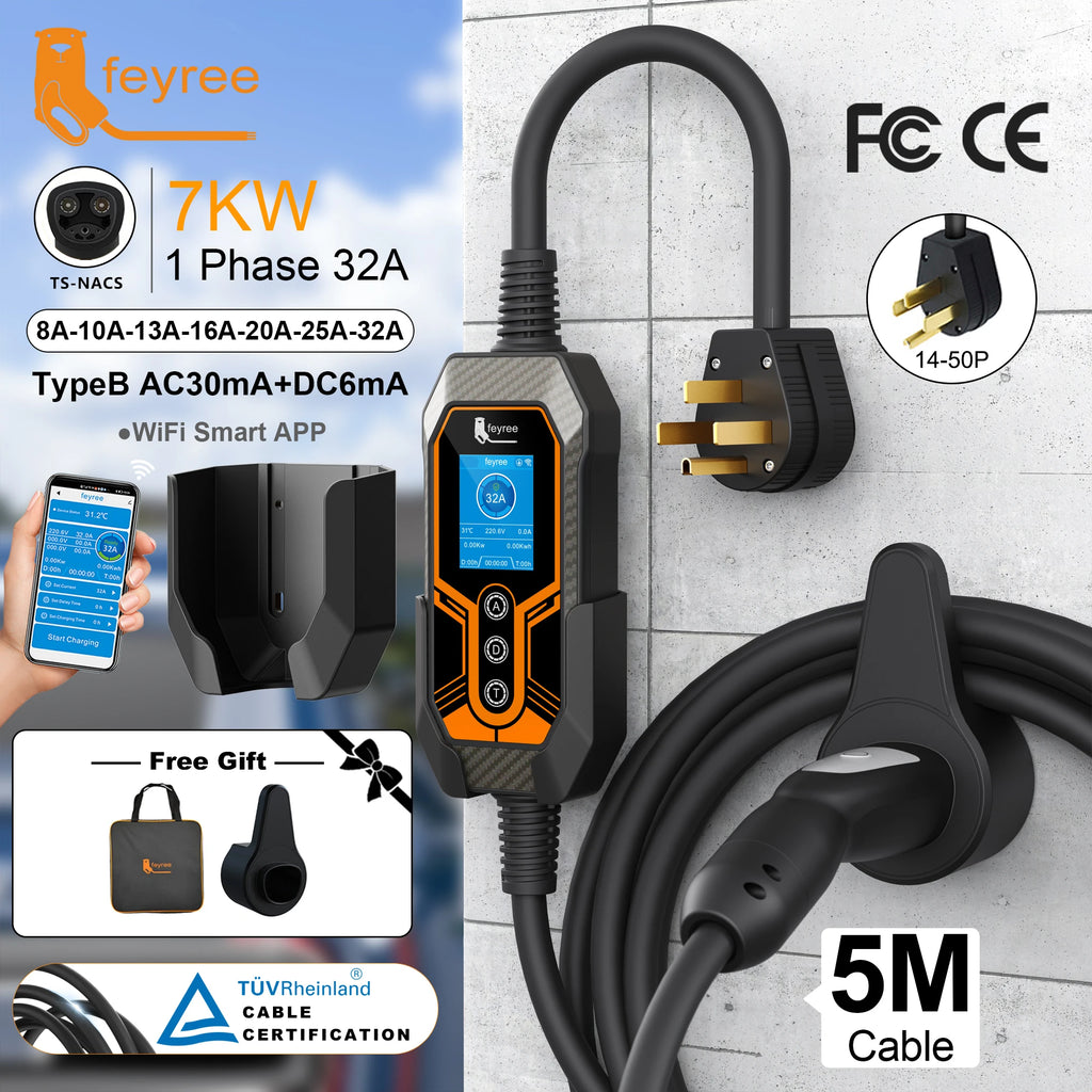 feyree TS-NACS EV Charger | 32A 7KW Portable Charger with APP Control for Tesla detail view