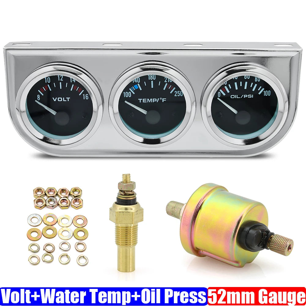 52mm Triple Gauge Kit 3 in 1 | Car Water Temp, Oil Pressure & Voltage Meter alternate view