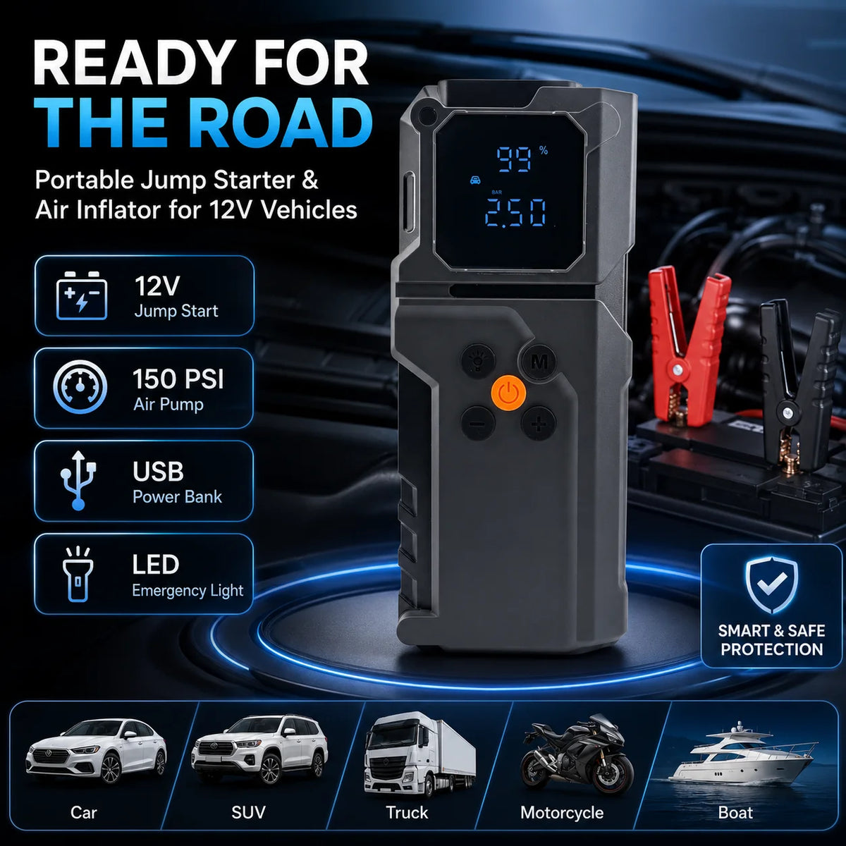 Car Jump Starter Power Bank Portable Air Pump Tire Air Compressor Car Battery Emergen alternate view