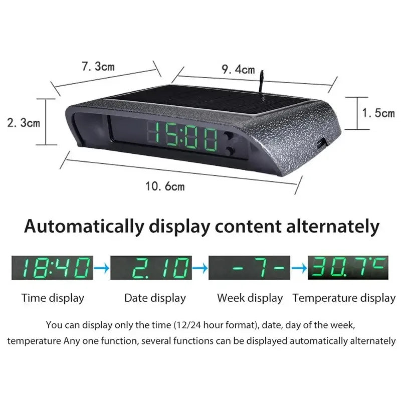 Car Clock Solar Charging Stick-On Digital Watch | 24-Hour 3-Level Brightness Auto Adj lifestyle view