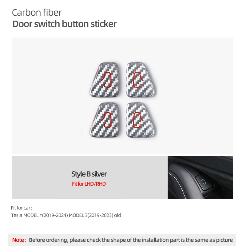 For Tesla Model 3 Highland Model Y Carbon Fiber Door Switch Trim | Interior Stickers close-up view