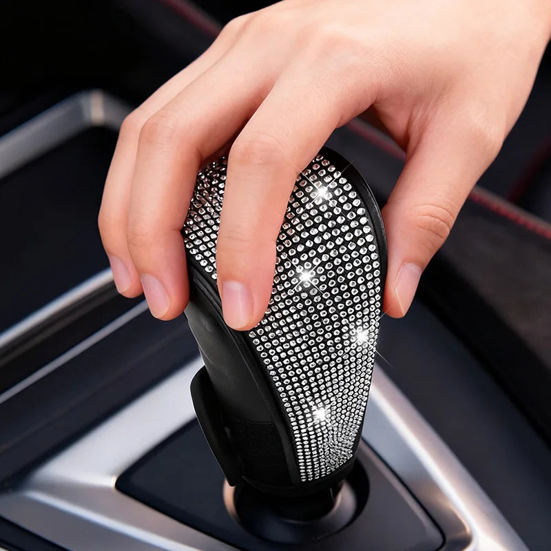 Universal Bling Diamond Gear Shift Cover, Sparkly Rhinestone PU Leather Car Shifter Kn close-up view