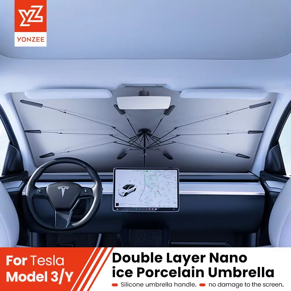 YZ For Tesla Model 3 Y Highland 2026 Car Sunshade Umbrella | Foldable Front Sunscreen Heat Insulatio