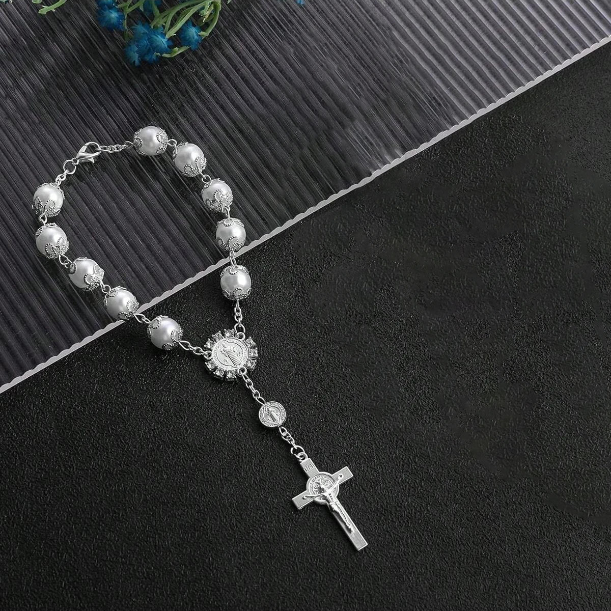 Cross pendant rosary necklace - religious style, stylish accessory for everyday decorati detail view