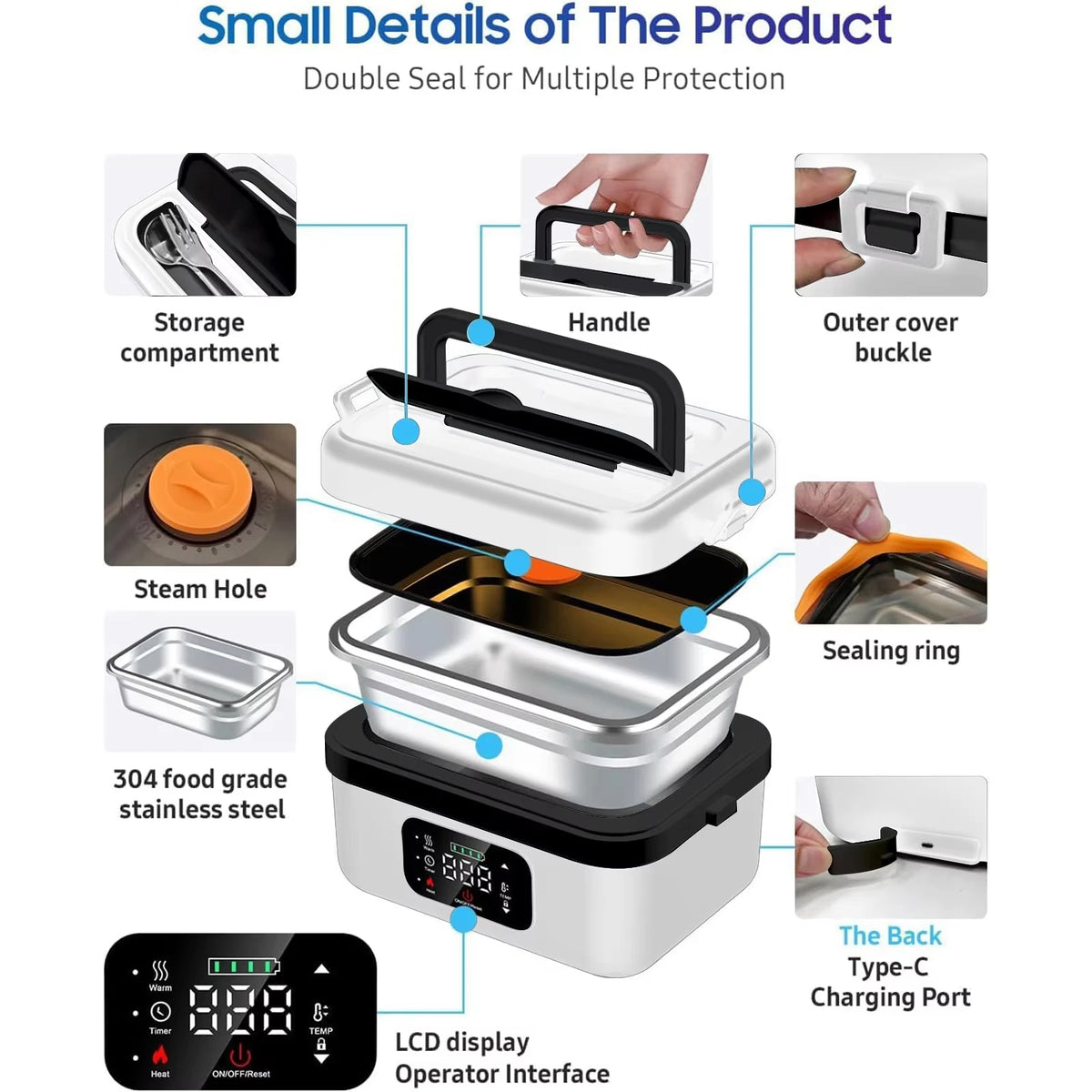 8000mAh Cordless Electric Lunch Box Portable Food Heater for Car Truck Driver 304 Stainless Steel Heated Bento Box for Outdoor Work