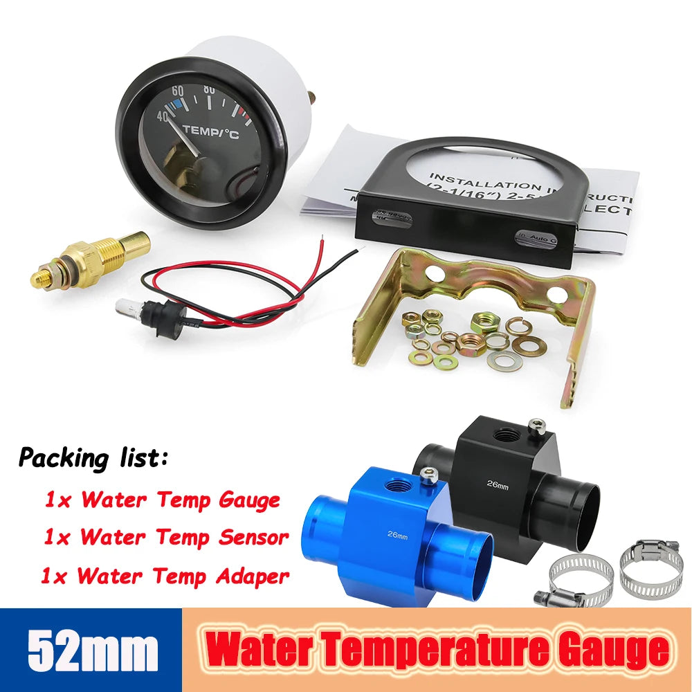 40-120 Celsius Car 52mm Water Temperature Gauge with Adaptor Joint Pipe | Racing 12V Radiator Temp M