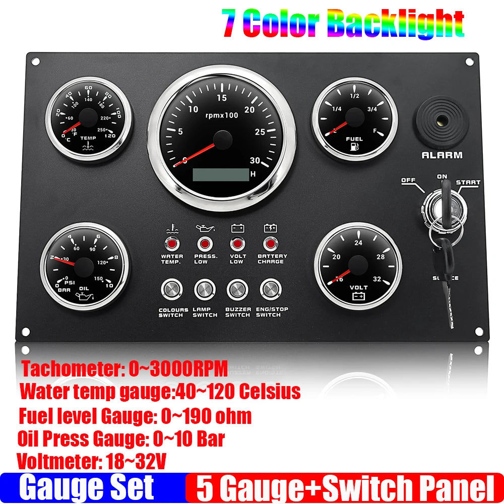 Engine Dash Instrument Panel 5 Gauge Set | 7 Color LED 85mm Tachometer for RV Boat Cus close-up view