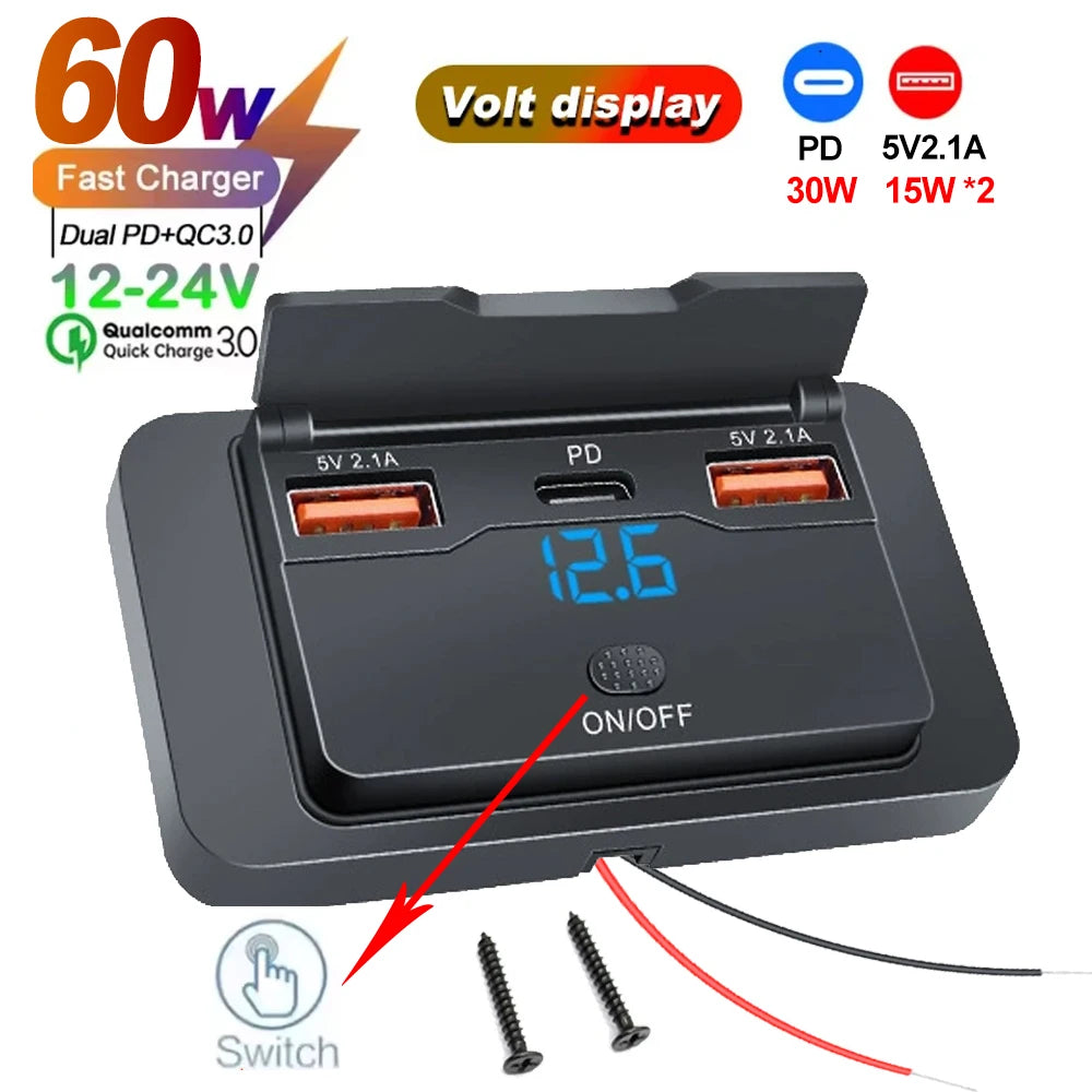 Car Charger Socket Adapter with Switch 2/4 Ports 12V 24V PD QC3.0 Charging Splitter O alternate view