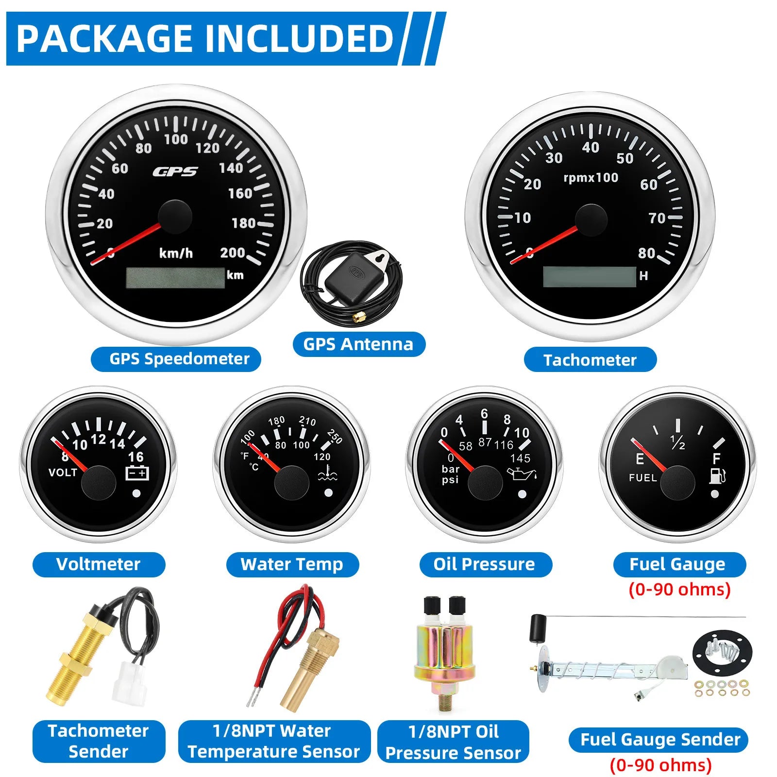 85mm GPS Speedometer 6 Gauge Set with Sensors | 200kmh 8000rpm Tachometer Voltmeter additional angle