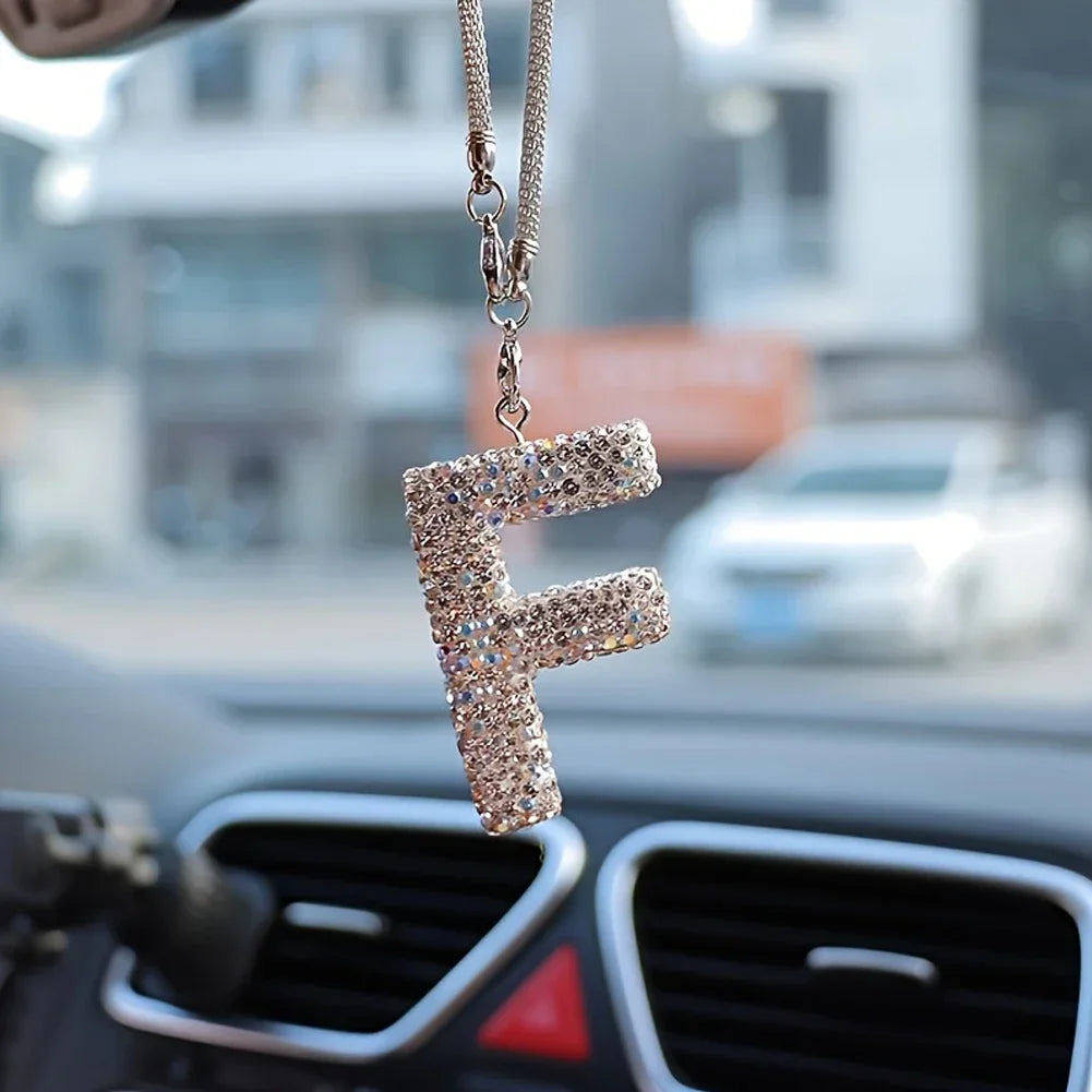 Letter Butterfly Knot Clay Car Interior Accessories Hanging Ornament Women's Rhinestone Car Rearview Mirror Pendant Drop