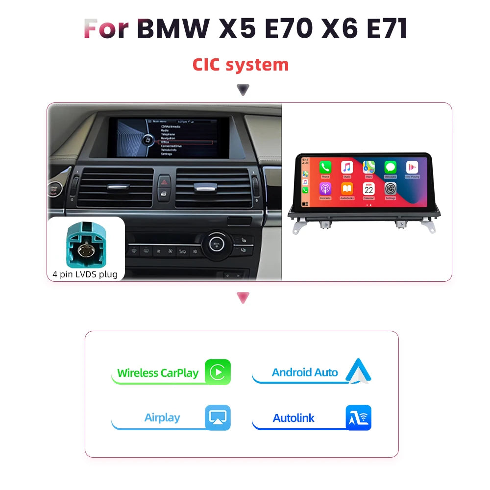 BONROAD Wireless Carplay Android Auto Car Radio For BMW X5 E70 X6 E71 CCC CIC Bluetooth Mirror Link Navigation GPS Touch Screen
