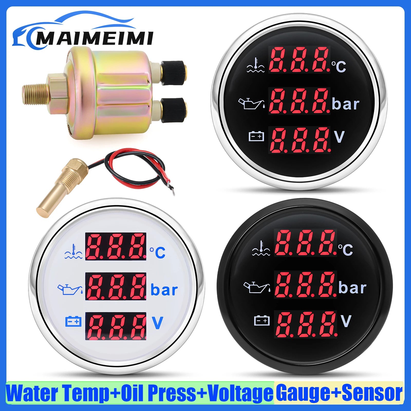 3 In 1 Digital Gauge Water Temperature Bar Oil Pressure Gauge With Alarm Voltmeter | Red LED Display